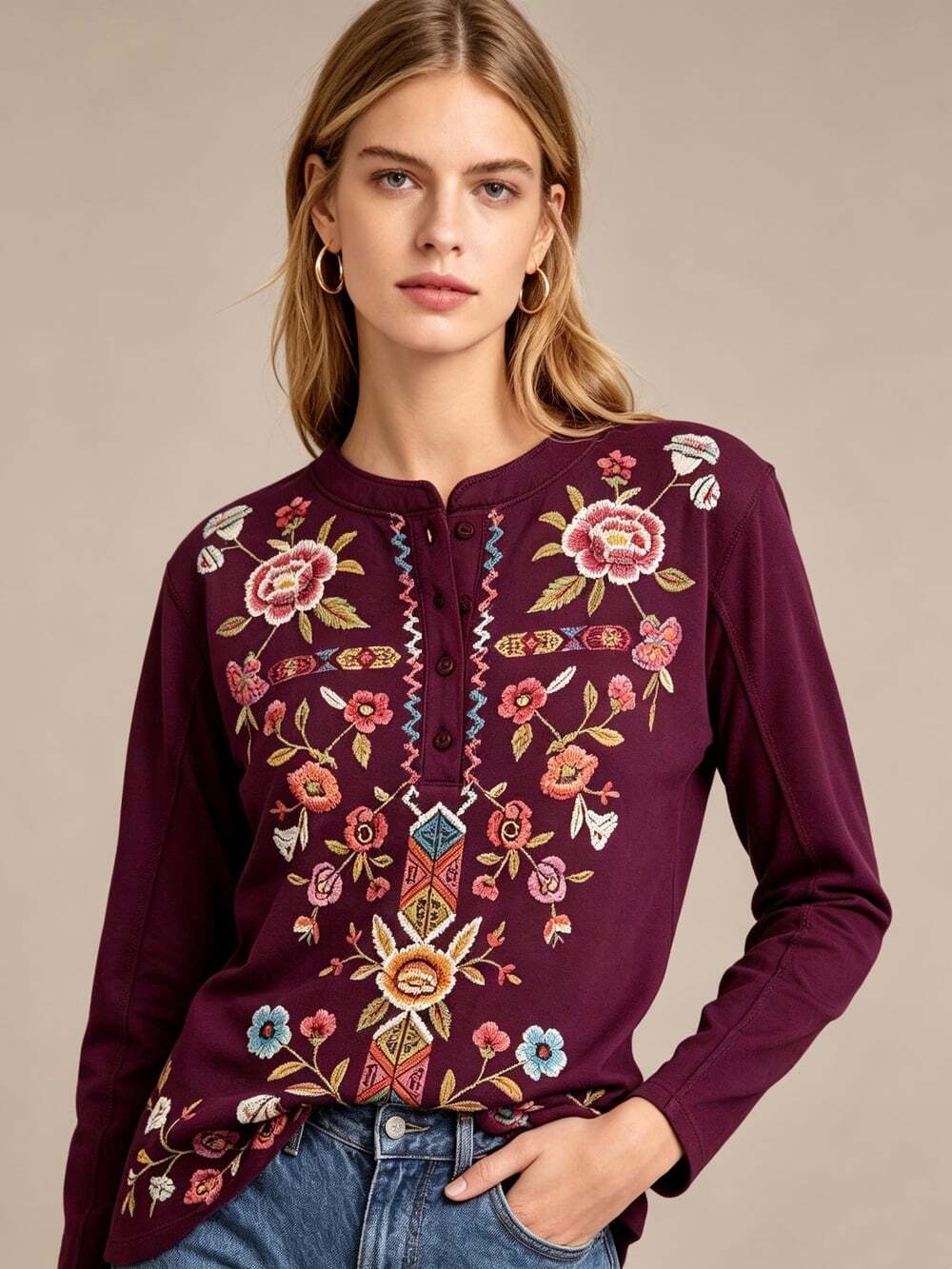 NWOT Johnny Was Floral Embroidered Henley Top Tee Long Sleeve Boho Size XS